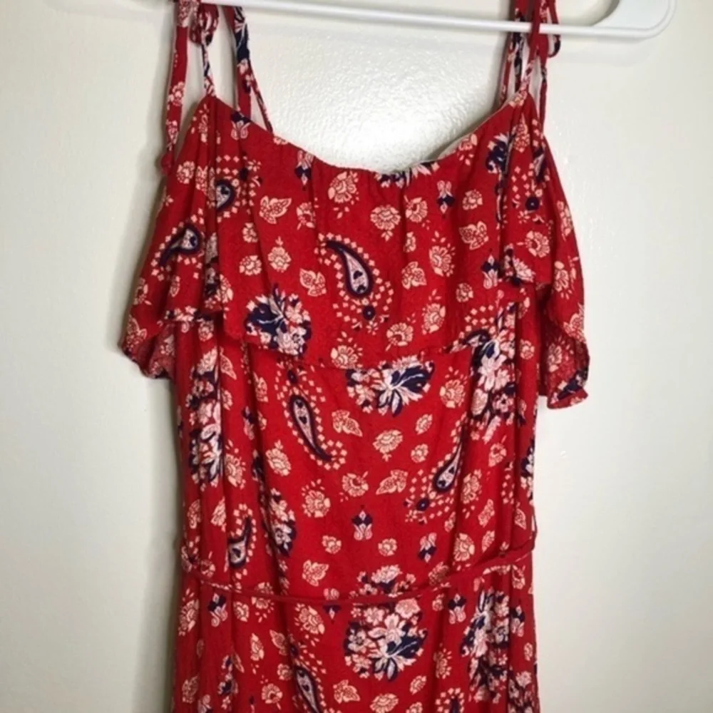 Allison Joy Red Floral High Low Dress, Adjustable Straps, Ruffle Accents Size M